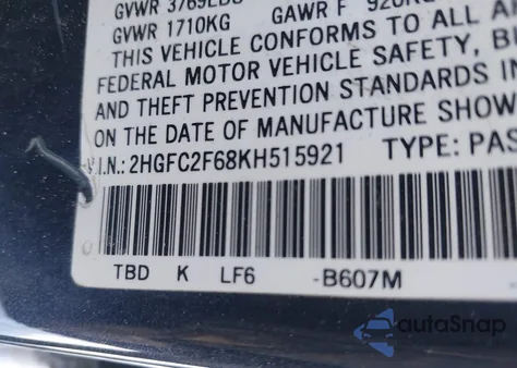 2019 Honda Civic Lx из США, поврежденный, VIN 2HGFC2F68KH515921